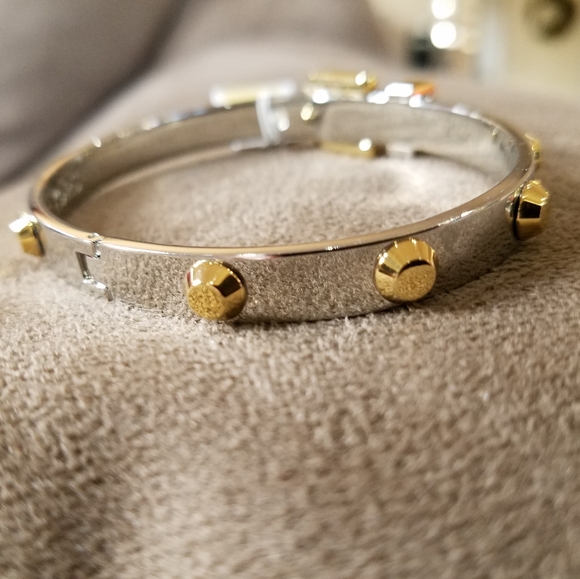 Michael Kors Astor Buckle Bracelet Hinged Two Tone Gold Ion Plated Rivets NWT - Picture 4 of 12
